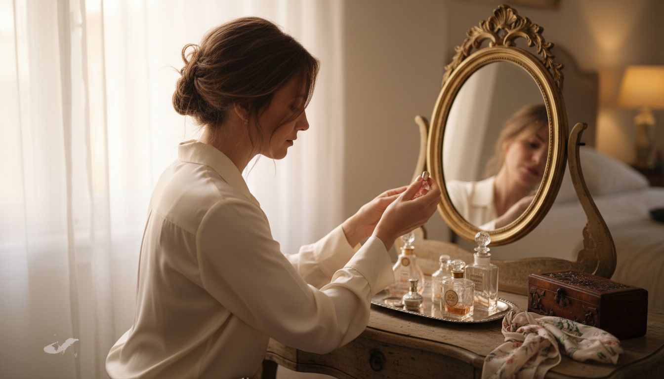 Woman applying perfume at vintage vanity