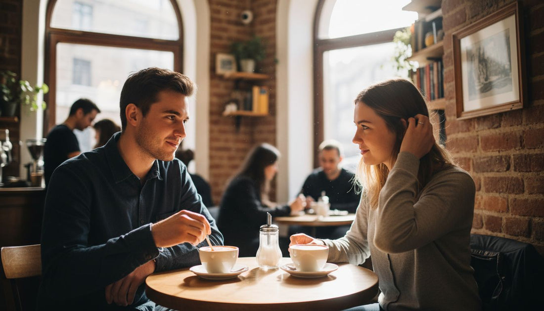 Man and woman quietly flirting at cafe