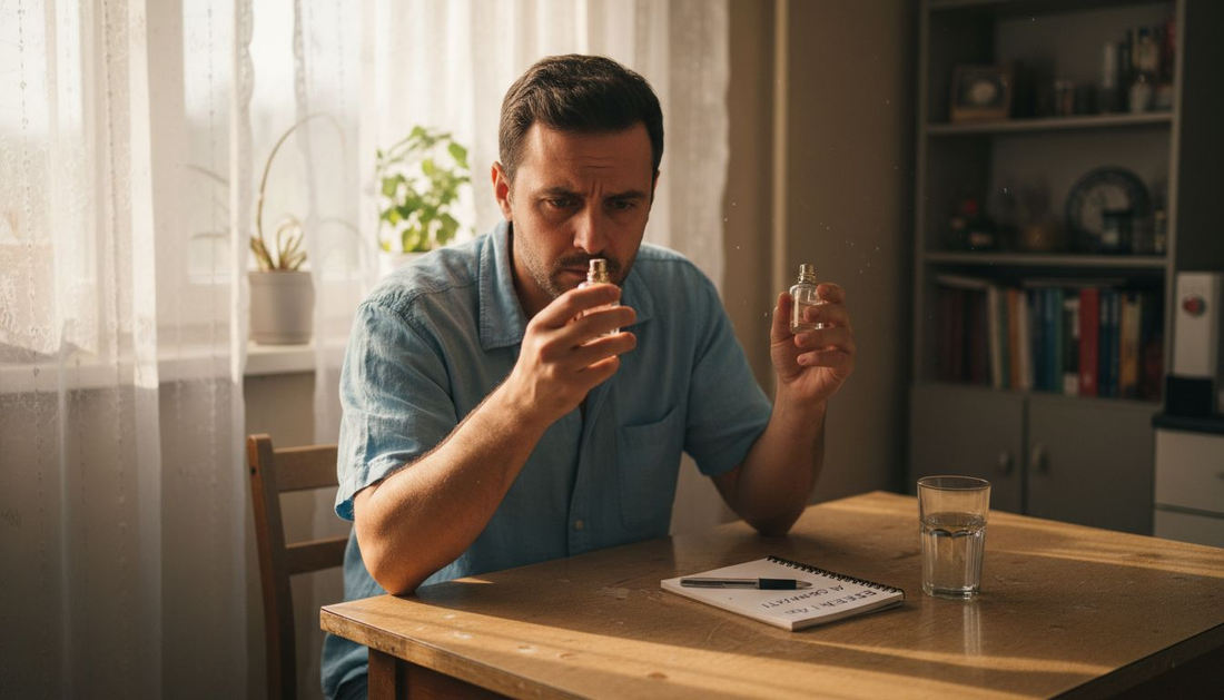 Мъж изпробва парфюми с феромони на кухненската маса.