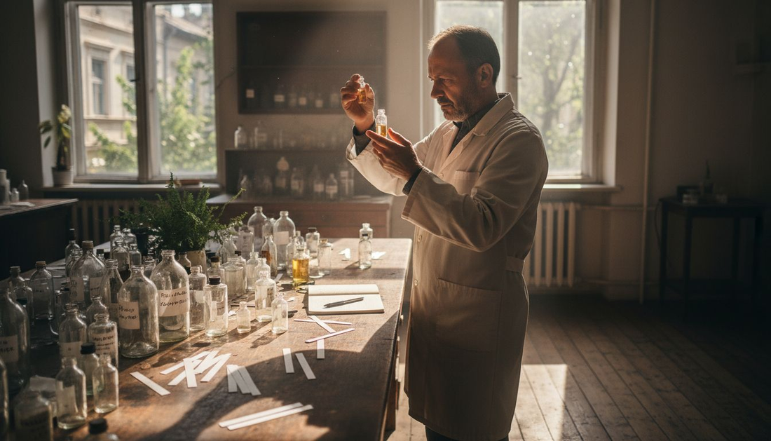 Парфюмер внимателно изследва ароматна проба в осветено от слънцето ателие.