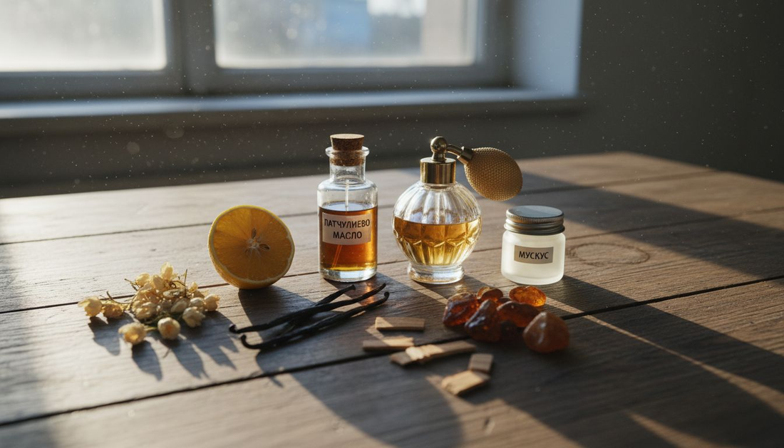 Съставките за парфюм, изкусно подредени върху ретро маса