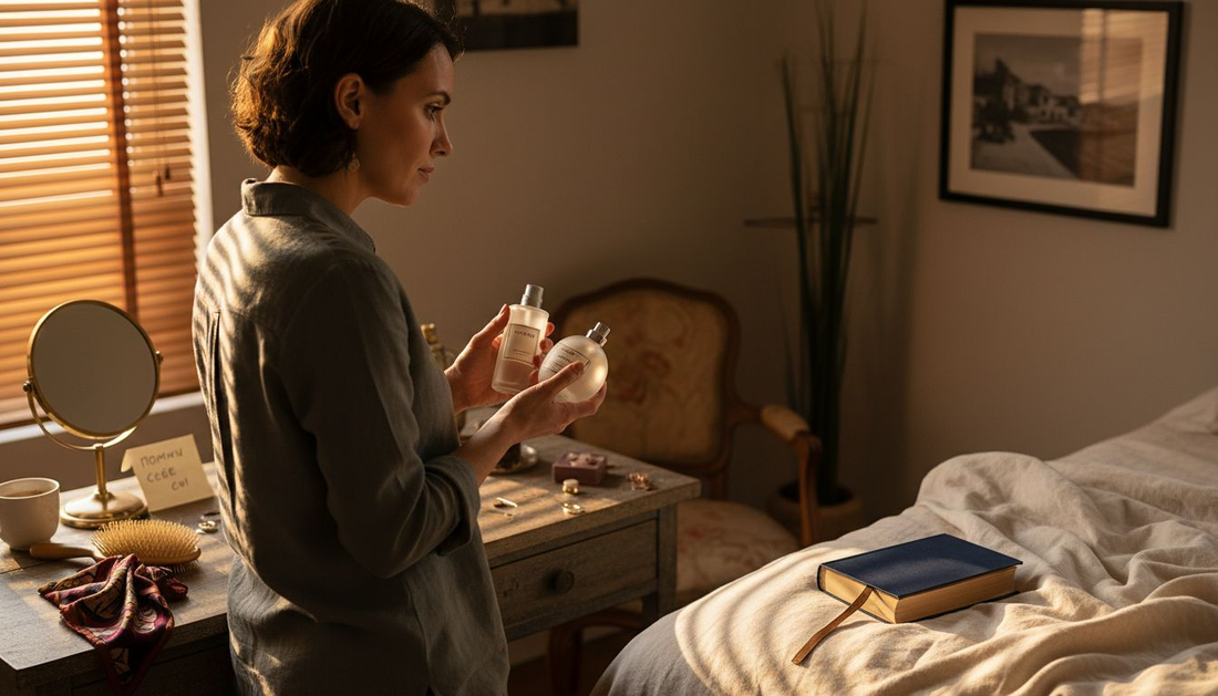 Жена избира феромонов парфюм, докато стои пред тоалетката си в спалнята и се чуди кой аромат ще ѝ донесе най-много увереност тази вечер.