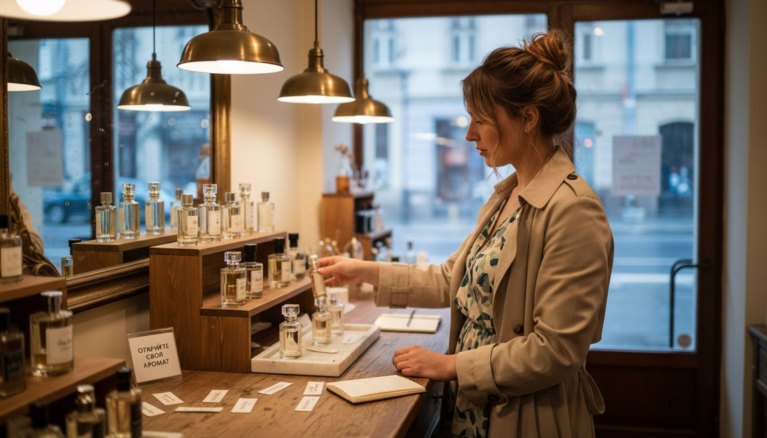 Жена разглежда и избира парфюм в бутиков магазин