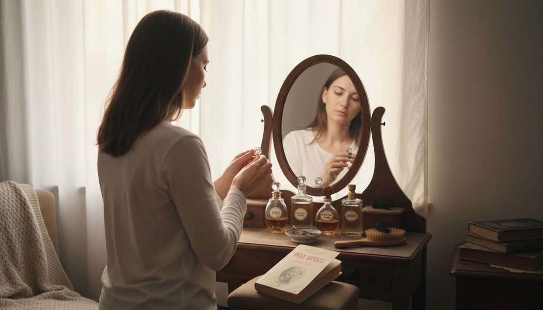 Жена нанася любимия си парфюм пред огледалото в спалнята.
