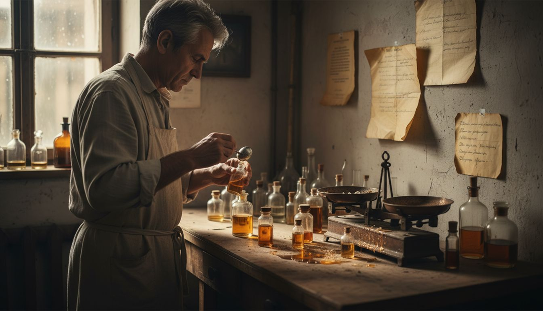 В малка работилница, изпълнена с ухания, възрастен майстор парфюмерист създава нови аромати, смесвайки различни есенции с опитна ръка.