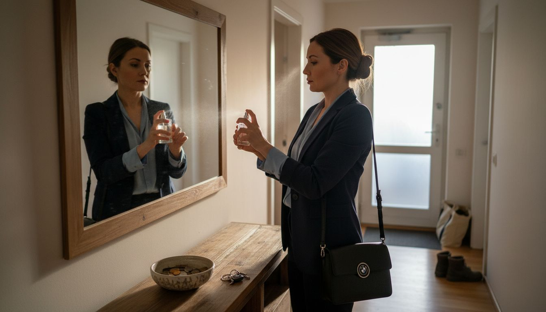 Дама се пръска с любимия си парфюм, докато се оглежда в огледалото.