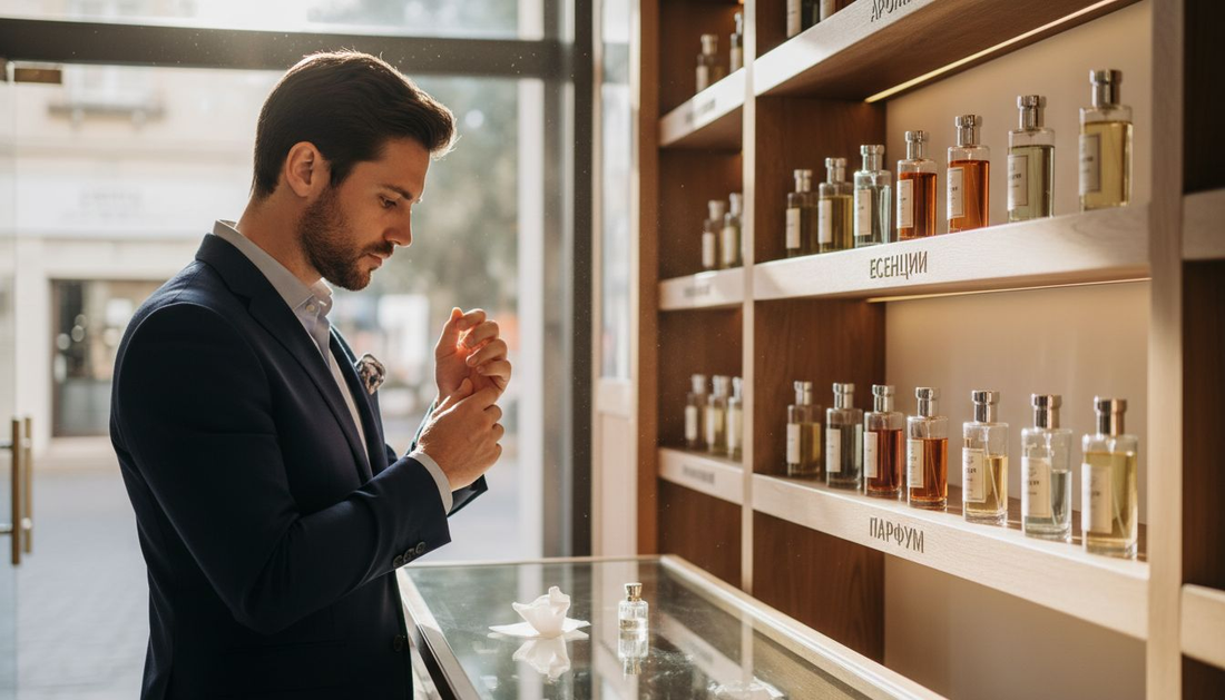 Мъж разглежда различни аромати в парфюмерията, търсейки идеалния парфюм за себе си.