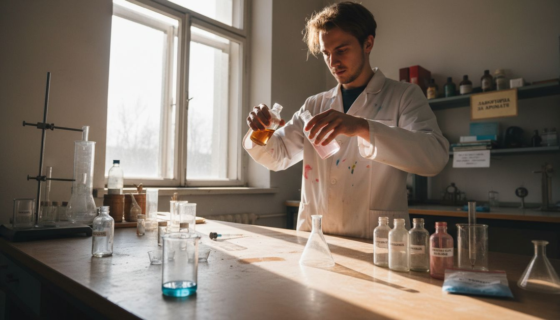 В лабораторията един учен създава нови аромати, смесвайки различни есенции и парфюми.
