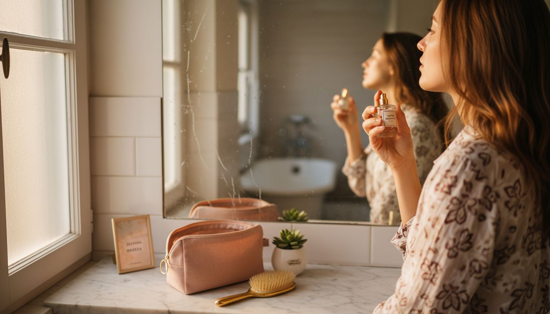 Уверена жена нанася парфюм пред огледалото в слънчевата си баня.