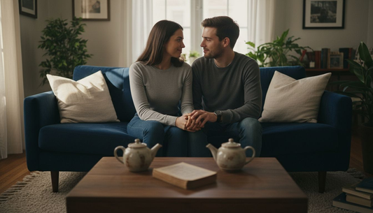 Млада двойка се е сгушила на дивана в уютна, непринудена обстановка.