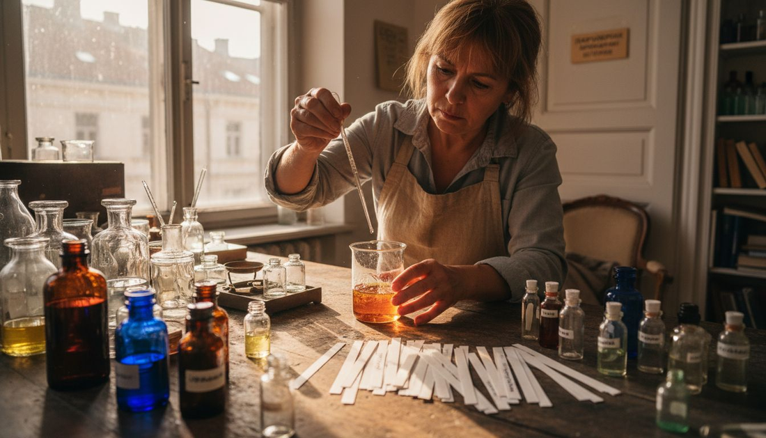 Парфюмеристът създава нови ухания, застанал до прозореца.