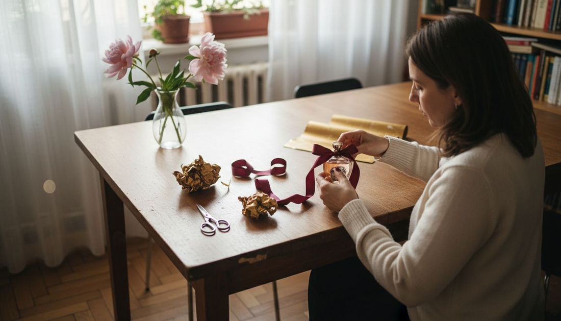Жена опакова парфюм за подарък на масата в трапезарията.