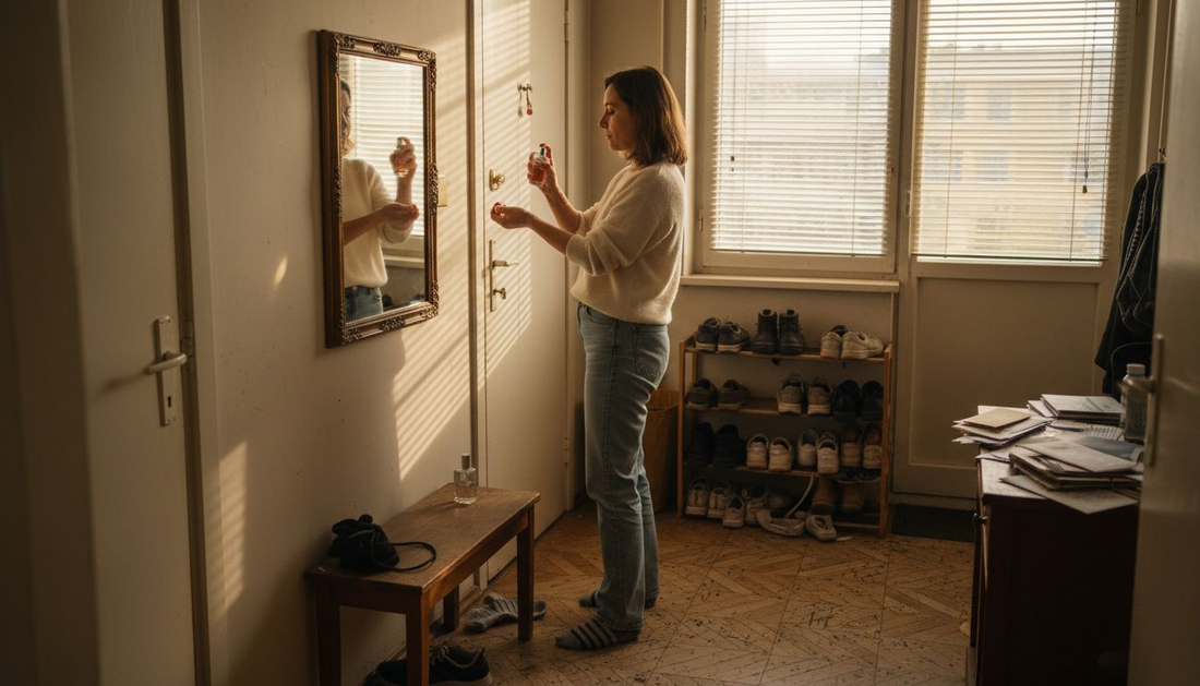 Жена си слага парфюм пред огледалото в апартамента си.