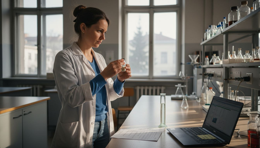 Млада жена провежда изследване на феромони в модерна лаборатория.