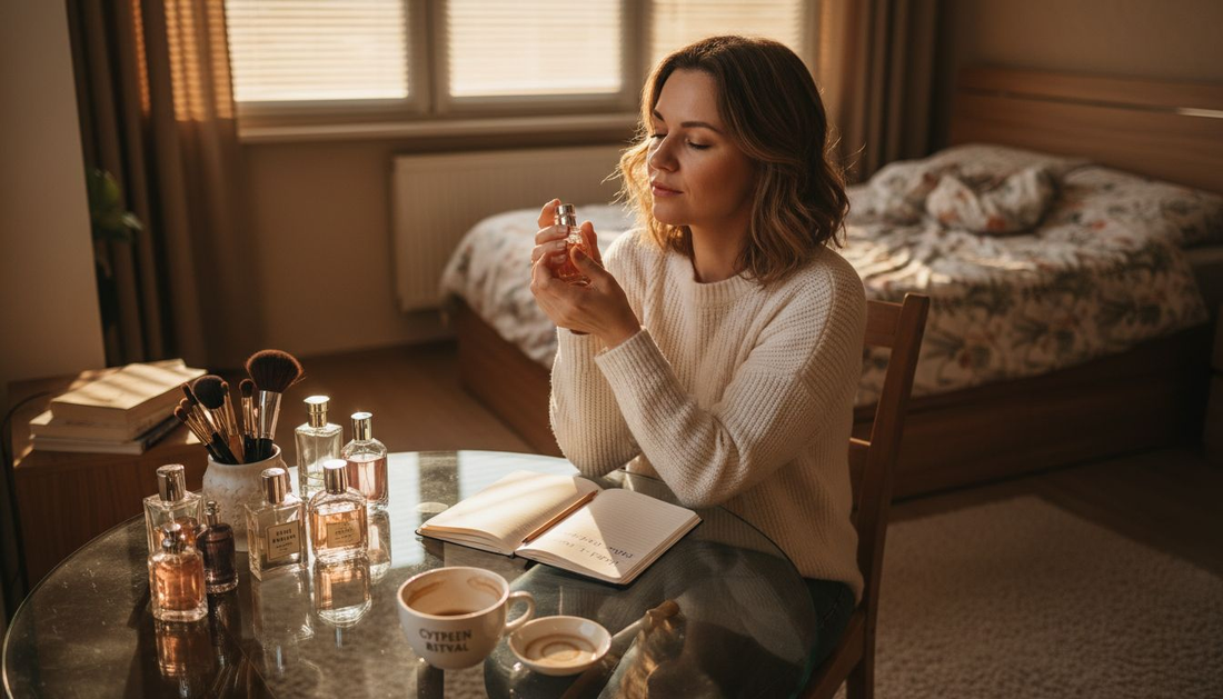 Жена избира аромат сред слънчеви лъчи, оглеждайки флаконите с парфюми на тоалетката си.