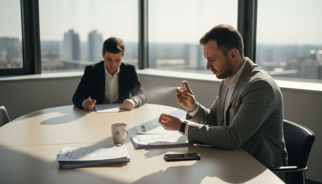 Мъж се освежава с парфюм в ъгъла на офиса малко преди важна среща.