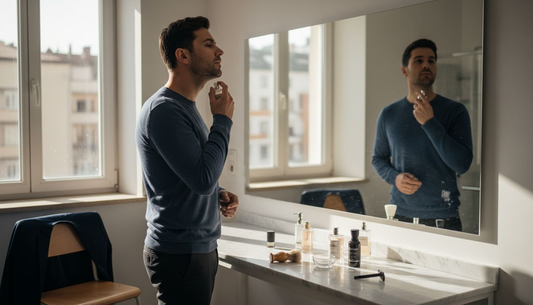 Стилен мъж нанася парфюм пред огледалото в светлата си баня, огряна от слънцето.