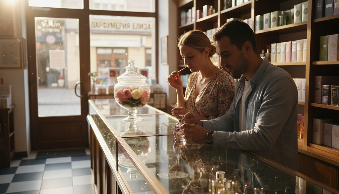 Млади хора разглеждат и изпробват парфюми в бутиков магазин, докато търсят своя уникален аромат.