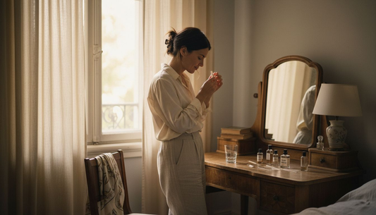 Дама се колебае кой парфюм да избере пред огледалото на тоалетката си.