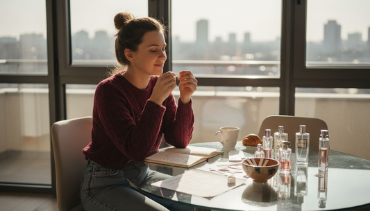 Жена пробва различни парфюми на масата у дома, търсейки любимия си аромат.