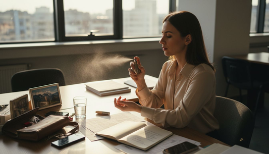 Жена се пръска с парфюм в оживен офис, докато колегите ѝ бързат около нея.