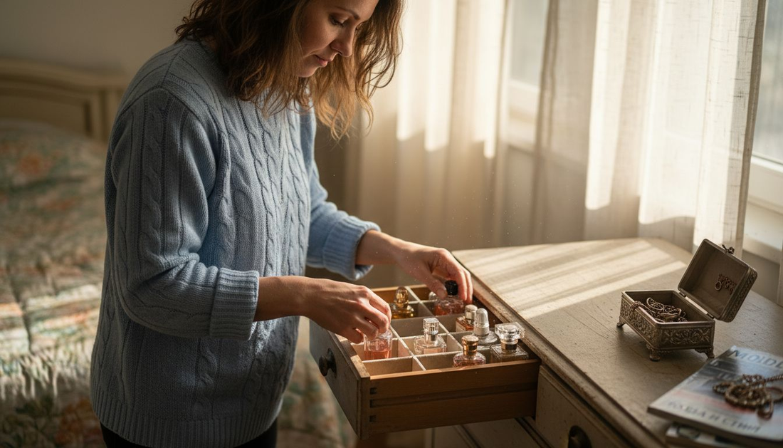 Дама подрежда любимите си парфюми в чекмеджето, като им намира подходящо място и ги организира по свой вкус.