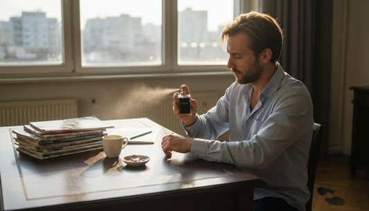 Мъж нанася парфюм с феромони, докато е на работа в офиса.