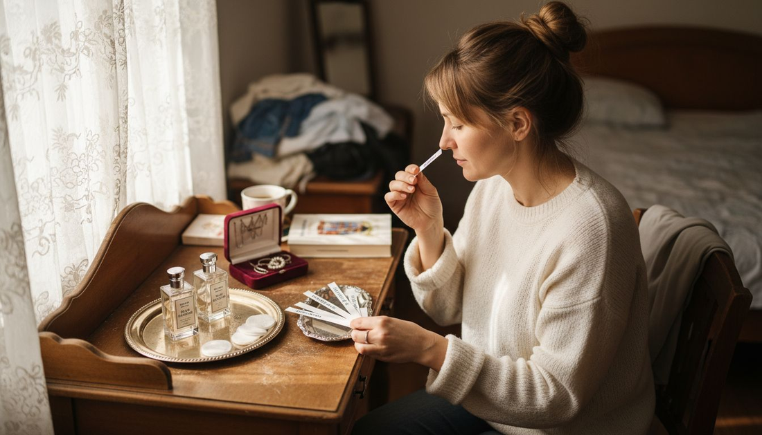 Жена разглежда различни парфюми на бюрото си и се чуди кой аромат да избере.