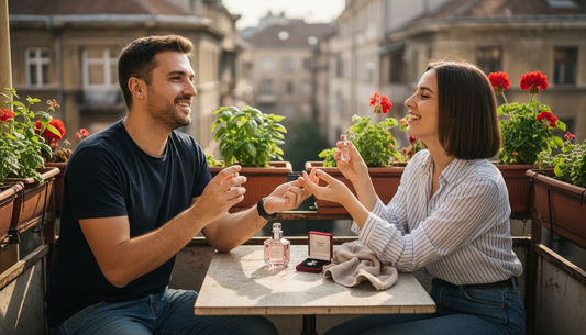 Мъж и жена избират и нанасят парфюм заедно, наслаждавайки се на аромата и споделените моменти.