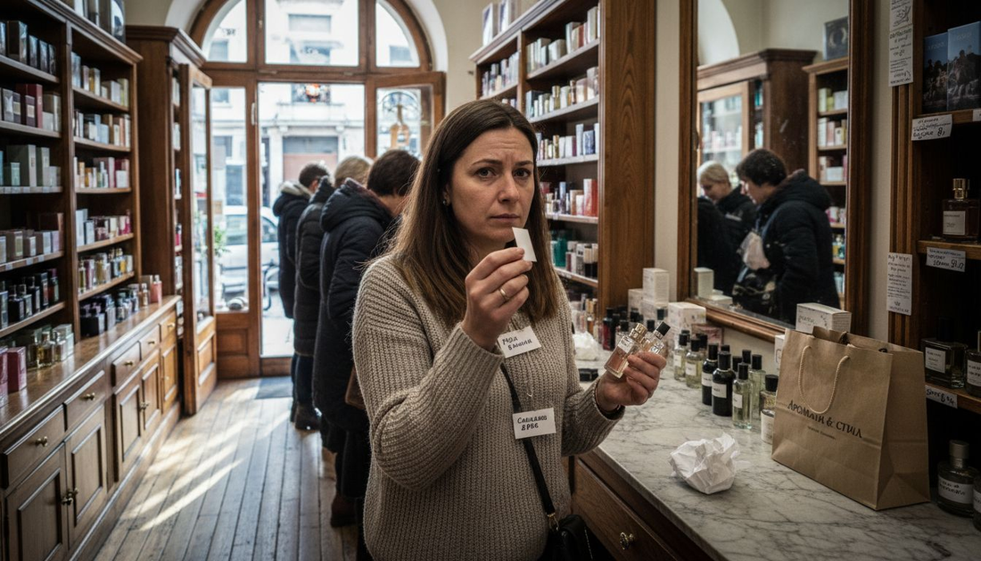 Жена колебливо се оглежда пред щанда с парфюми, заобиколена от тълпа.