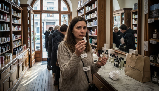 Жена колебливо се оглежда пред щанда с парфюми, заобиколена от тълпа.