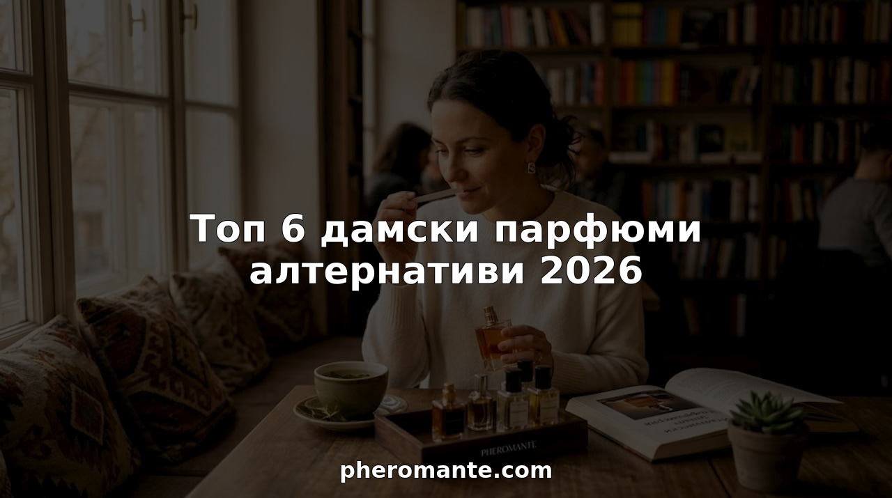 Жена седи на кухненската маса, отпива чай и изпробва различни аромати на парфюми.