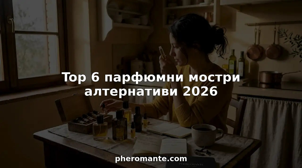 Жена изпробва различни мостри на парфюми, седнала на масата у дома.