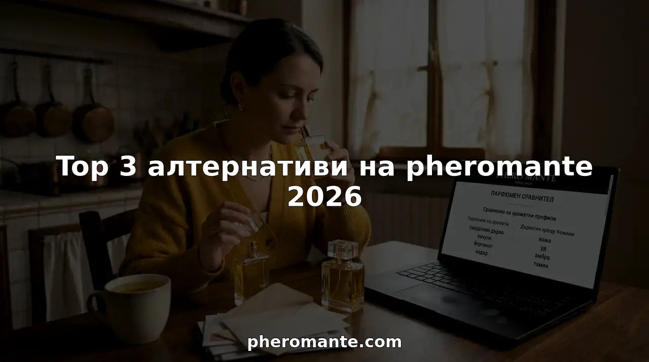 Жена разглежда три специални парфюма, подредени на кухненската маса, опитвайки се да избере любимия си аромат.